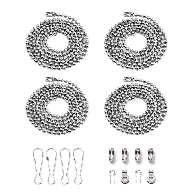 Wayilea Ceiling Fan Pull Extension Chain set, Light Chain Extender Stainless Steel Silver 3.2mm Beaded Ball, Fan cord Pull string Replacement (Four 35.4 Inch Chains, 8 connectors & 4 hooks) - Image 1